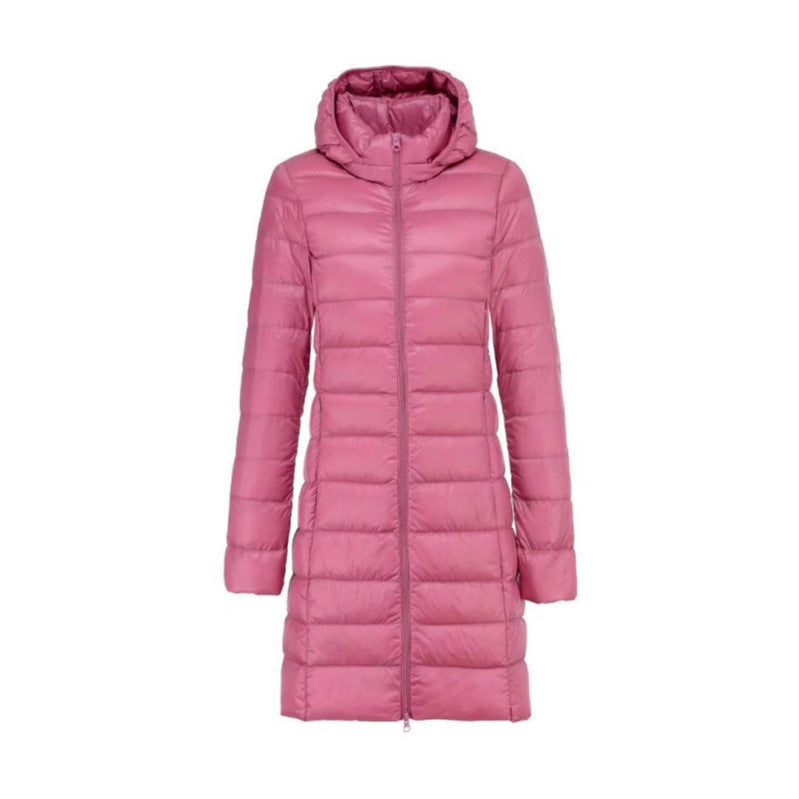 Women Long Cut Ultra-Light Thermal Parka with Contoured Silhouette and Hood Chichicherry