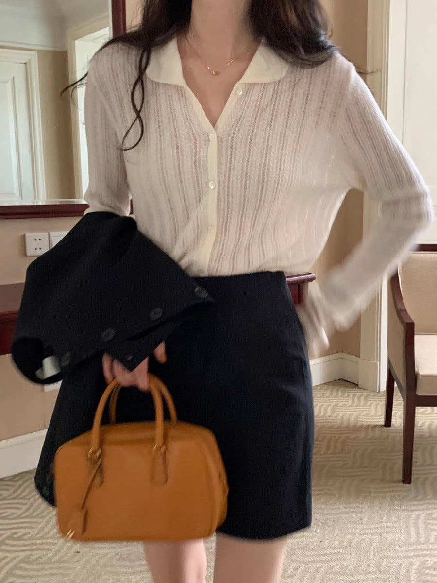 Women Light Ajour Knit Button Cardigan with Shirt Collar and Fine Cable Pattern Structure Chichicherry