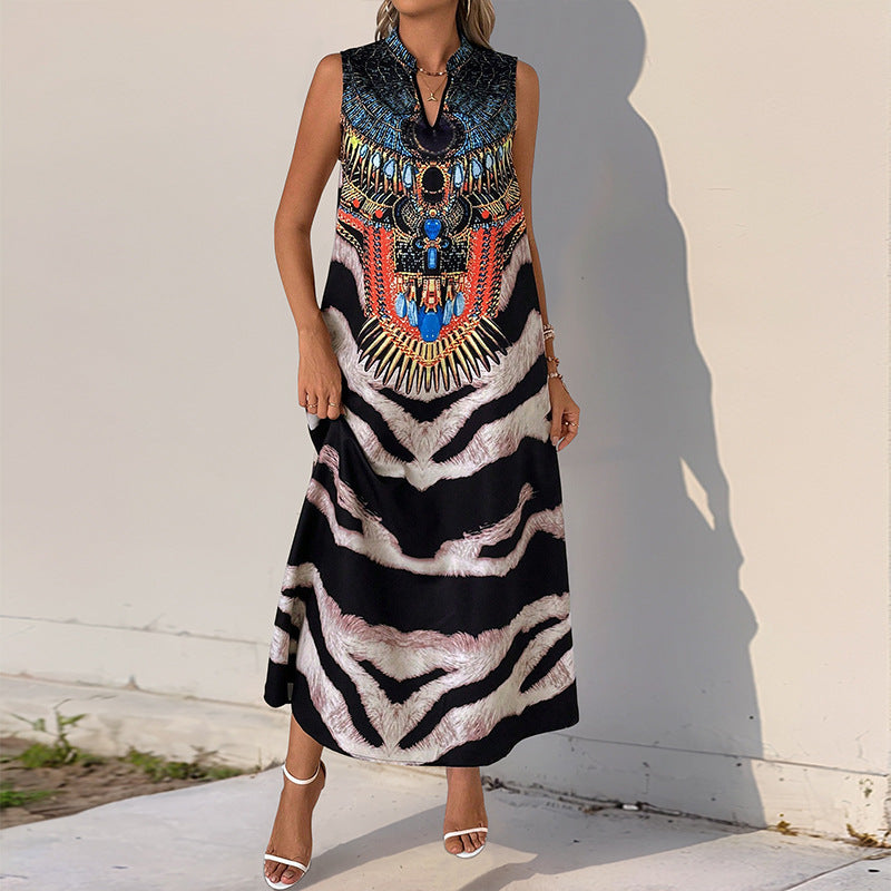 Women's Sleeveless Maxi Dress with Statement Neck Print, Ethnic Motif and Flared A-Line Silhouette Chichicherry