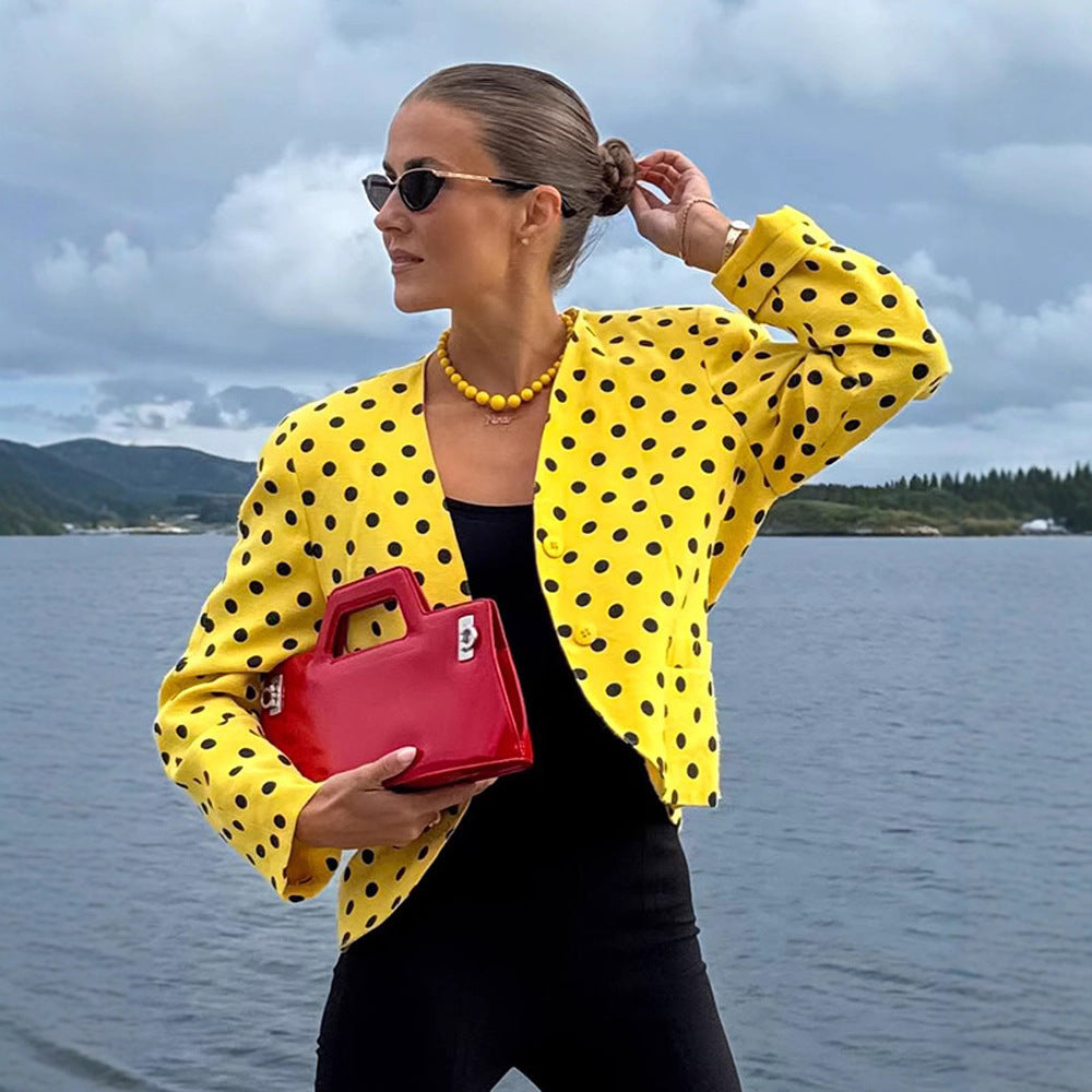 Women’s short blazer in vintage dot pattern, boxy cut & lightweight linen mix Chichicherry