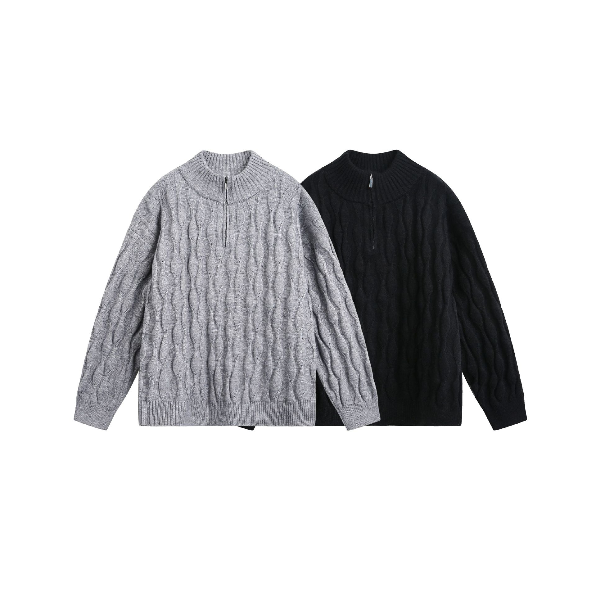 Unisex Chunky Knit Halfzip Sweater with Cable Pattern and Stand-up Collar Chichicherry