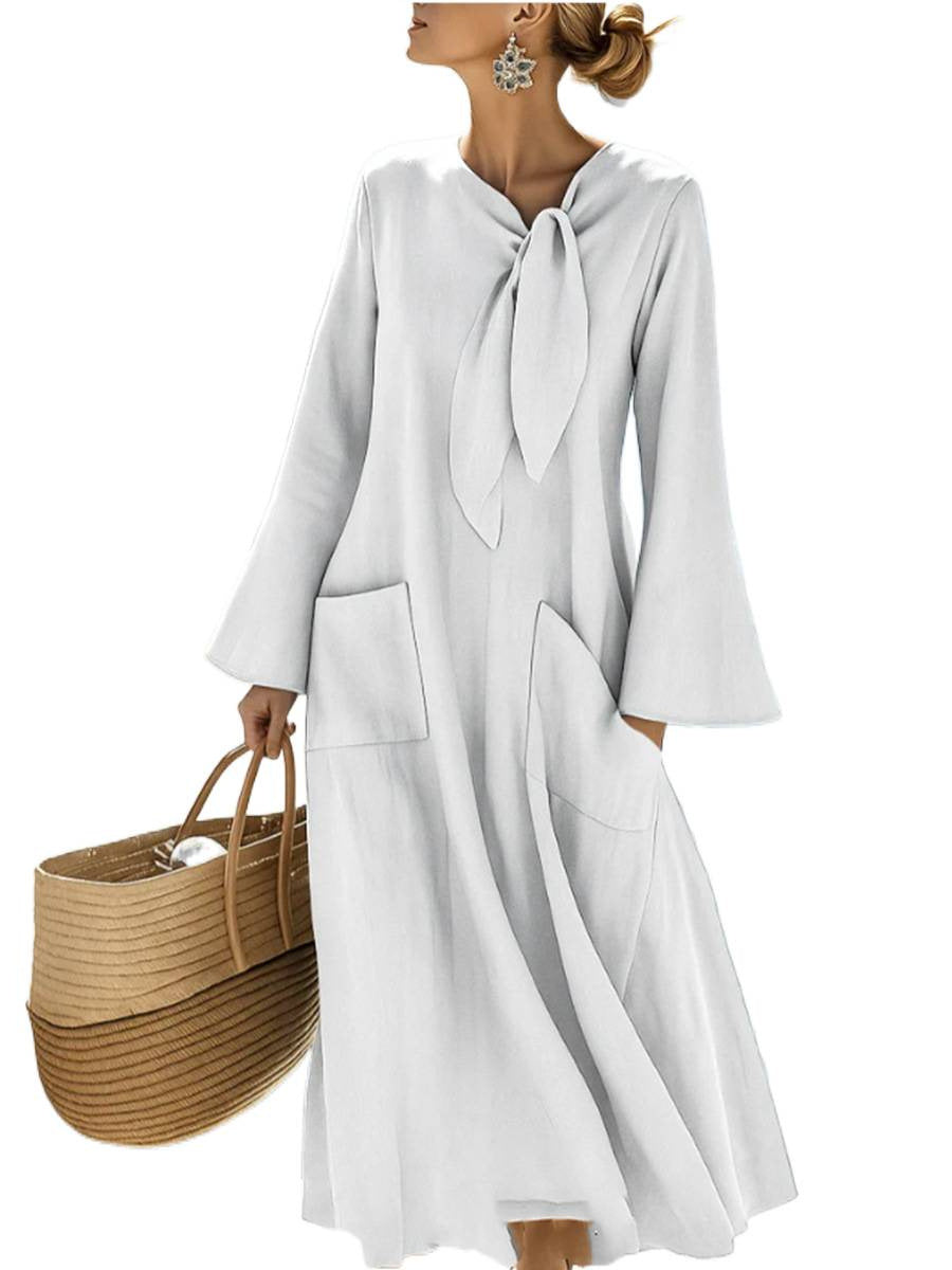 Women's Long A-Line Dress with Bow Collar and Patch Pockets Chichicherry