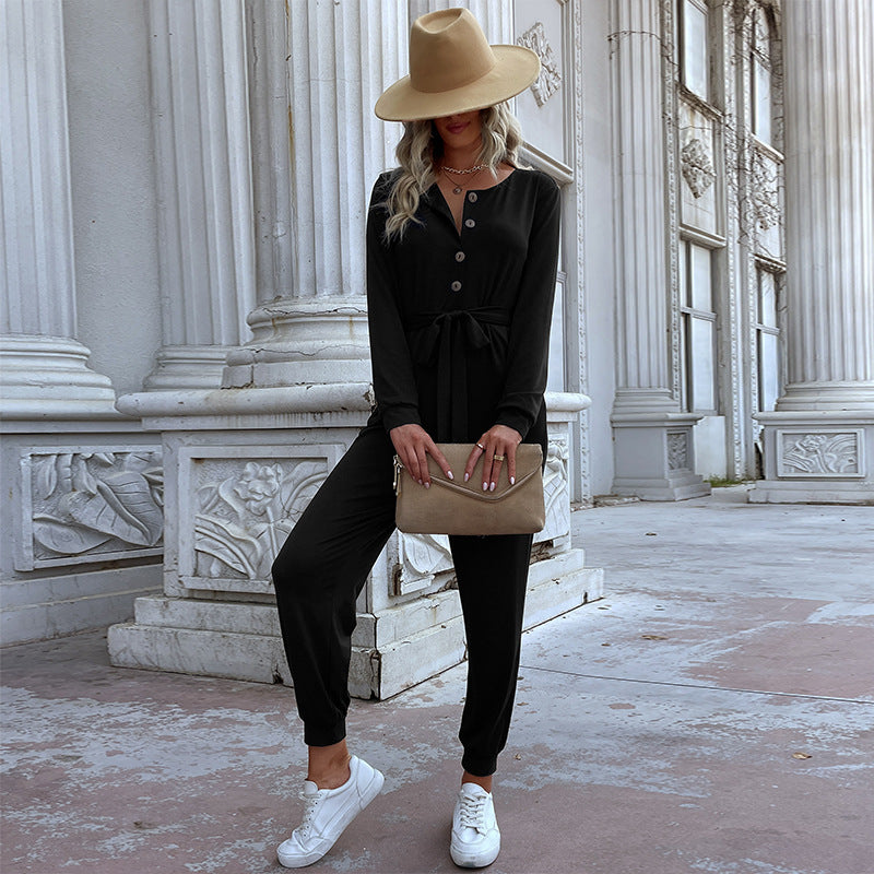 Women's Casual One-Piece Jumpsuit with Button Placket, Tie Belt and Ribbed Cuffs Chichicherry