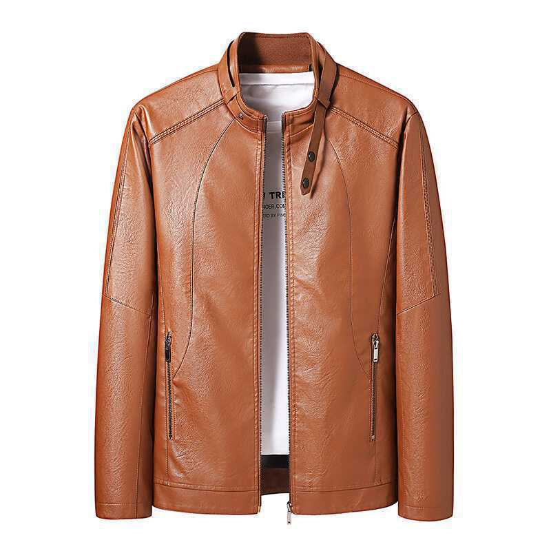 Men's Faux Leather Jacket in Moto Style with Stand Collar and Full Zip Chichicherry