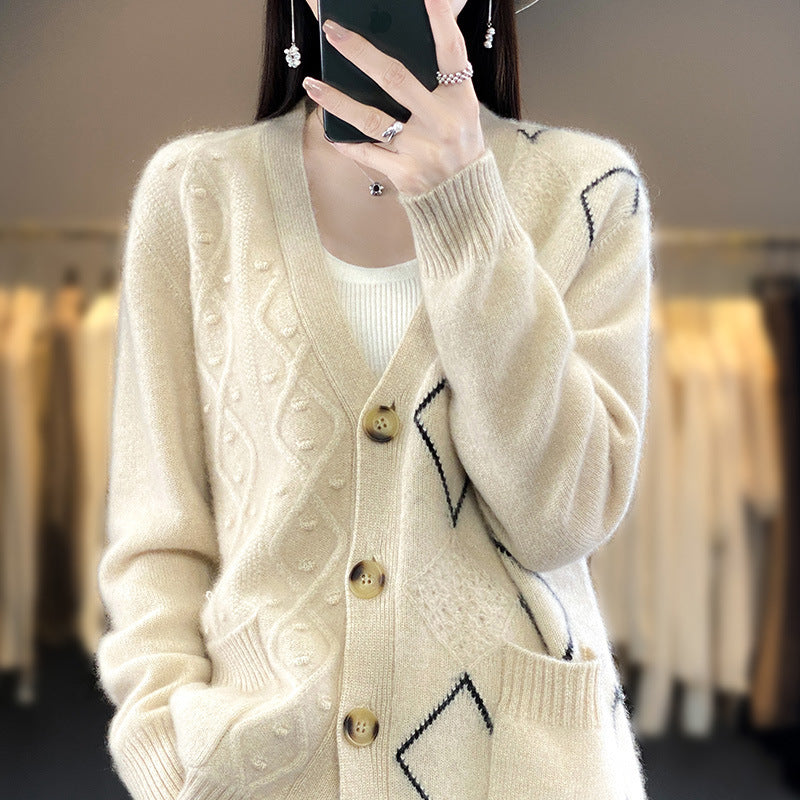 Women Cozy Oversized Cardigan with Openwork and Diamond Detail Chichicherry