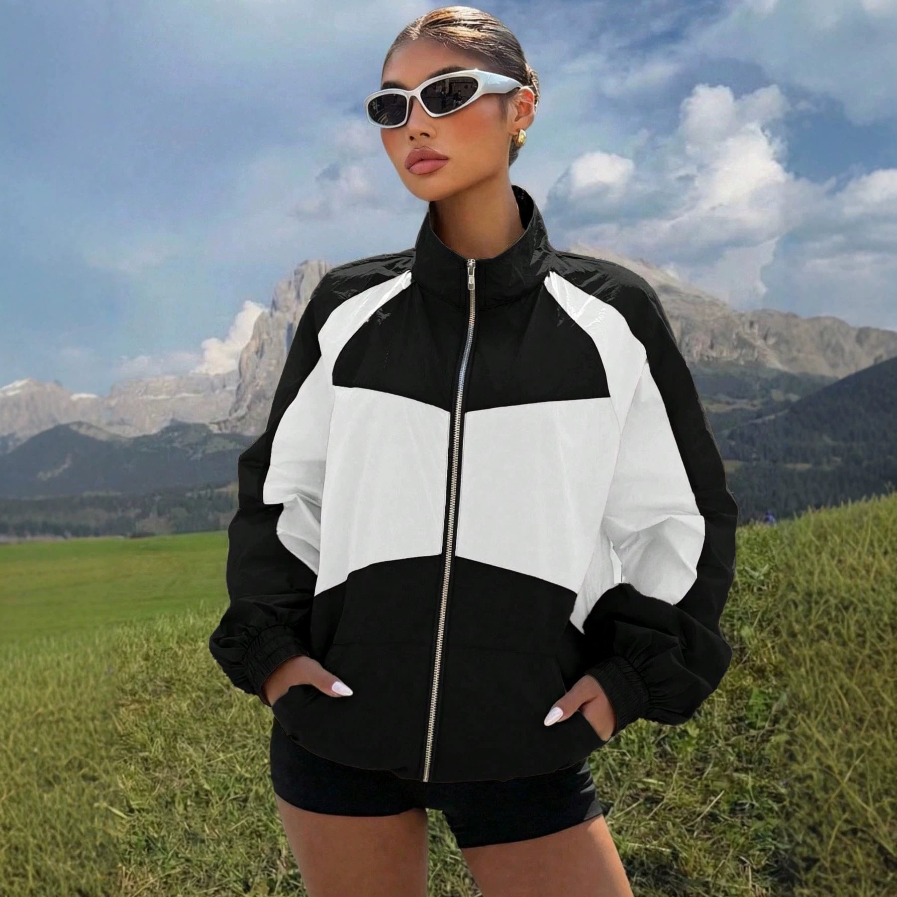 Women Lightweight Colorblock Windbreaker with Stand-Up Collar and Zip Closure