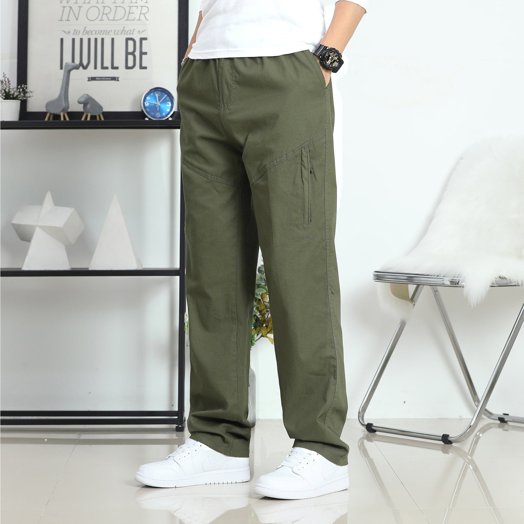 Men's Relaxed-Fit Canvas Cargo Pants with Preformed Knee Inserts and Side Zipper Pocket Chichicherry