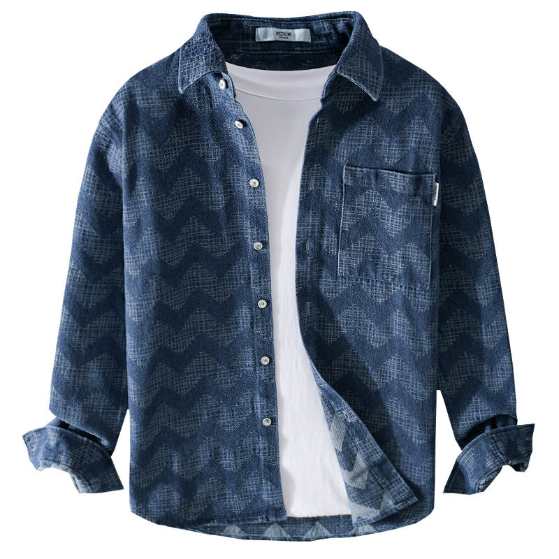 Men's Indigo-Structure Overshirt made of washed denim with zigzag jacquard, Kent collar and chest pocket Chichicherry