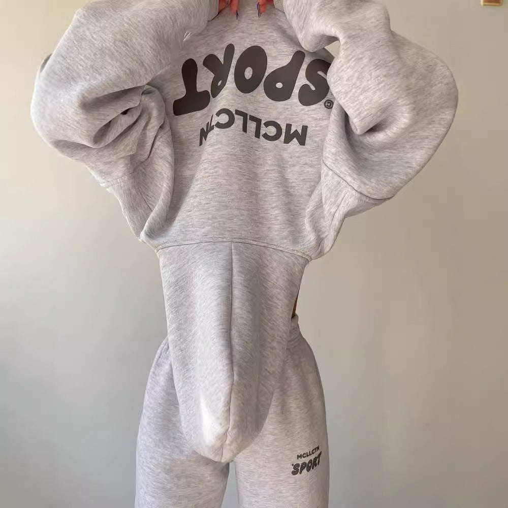 Damen Cropped Kapuzenpullover und High‑Waist Jogginghose Lounge‑Set aus Baumwollfleece Chichicherry