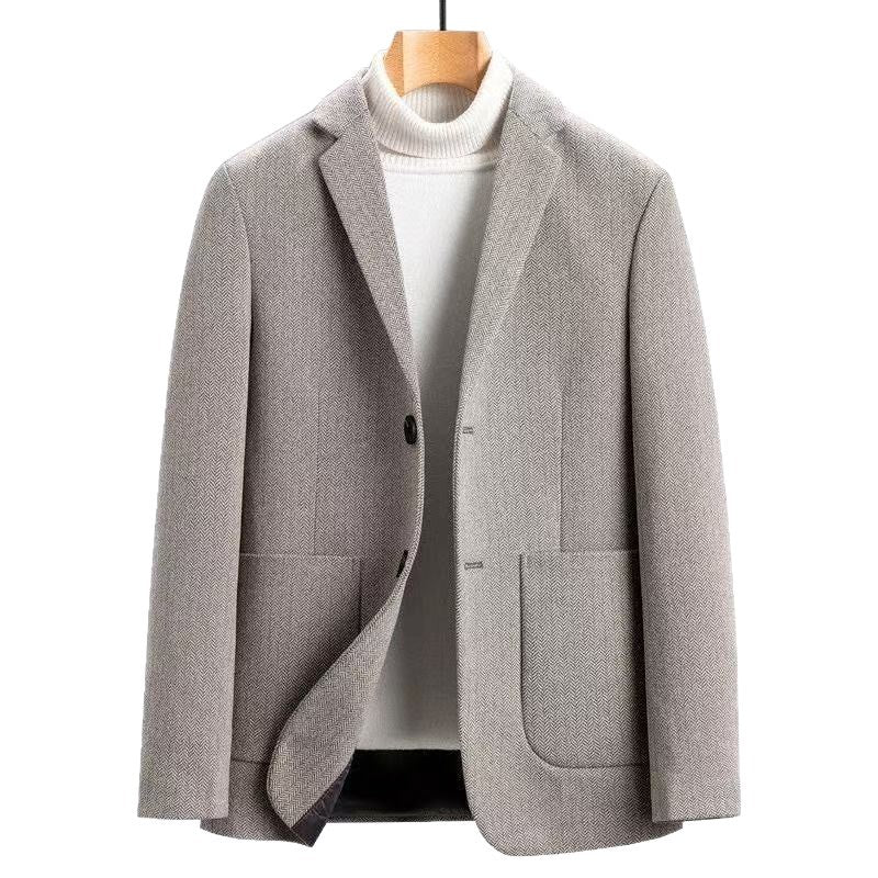 Men's Casual Wool Blend Blazer in Herringbone Pattern with Patch Pockets Chichicherry