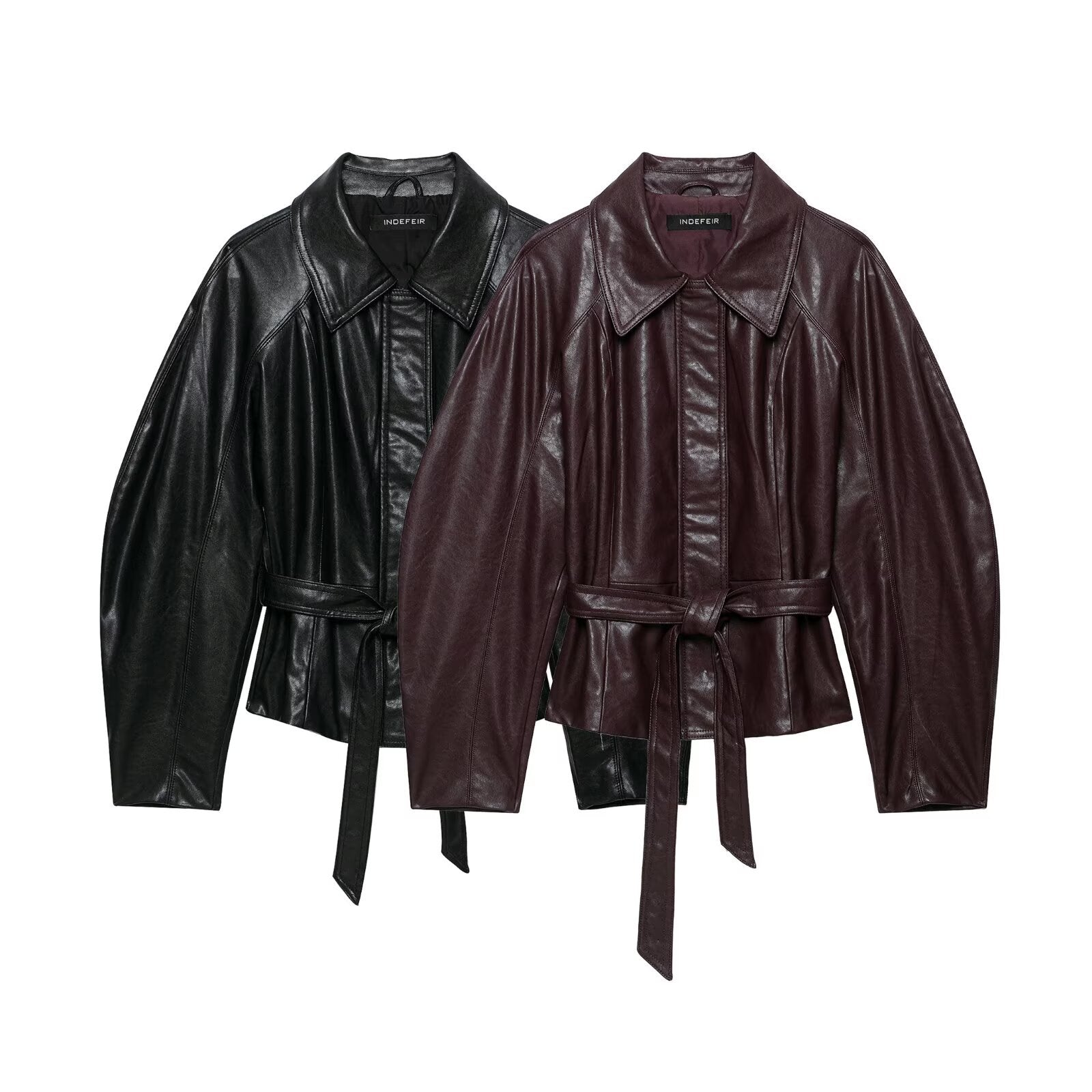 Women's short jacket made of vegan leather with a waist tie belt and dropped raglan sleeve construction Chichicherry