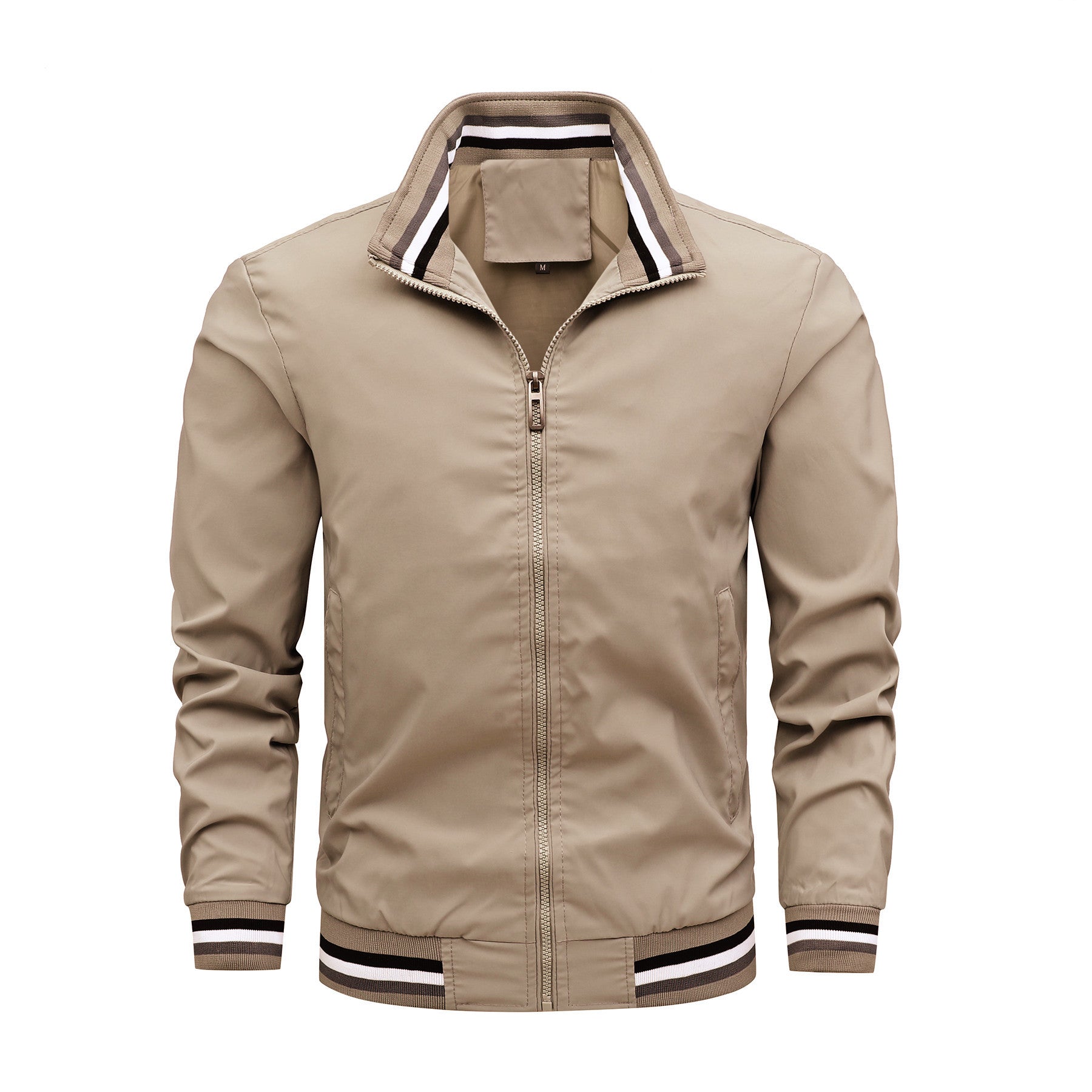 Men's Casual Bomber Jacket made of wind-resistant nylon with striped ribbed cuffs and stand-up collar Chichicherry