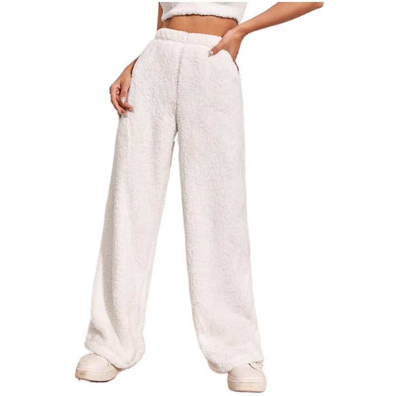 Women's Plush Lounge Pants with High Elastic Waistband and Wide Leg Chichicherry