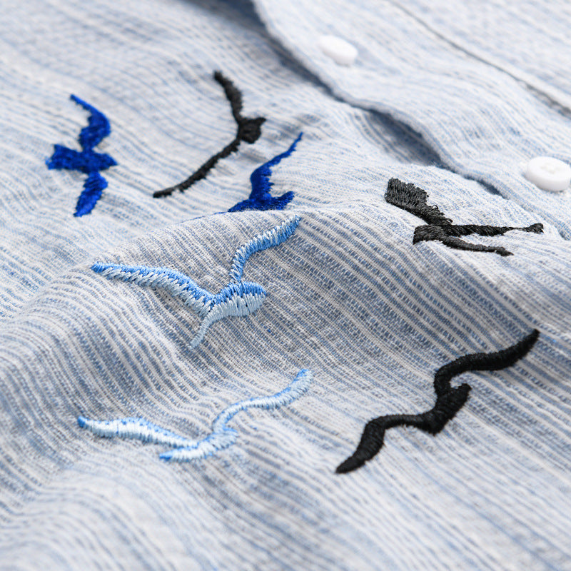 Men's lightweight striped overshirt made of linen-cotton blend with bird embroidery Chichicherry