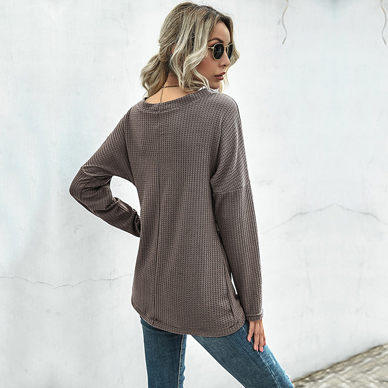 Women's Waffle Knit Wrap Shirt with V-Neck and Long Sleeves Chichicherry