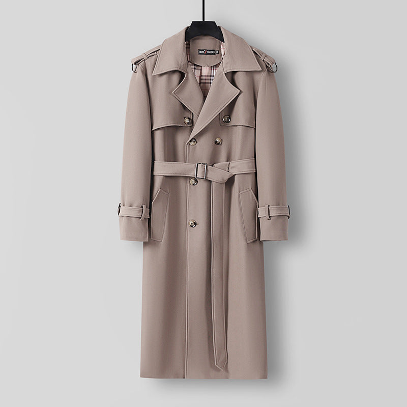 Women Elegant long cut wool blend trench coat with double-breasted button placket and belt Chichicherry