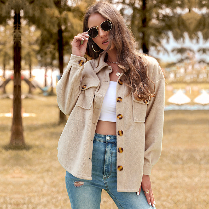 Women's Oversized Teddy Shacket with button placket, patch pockets, and soft lining Chichicherry