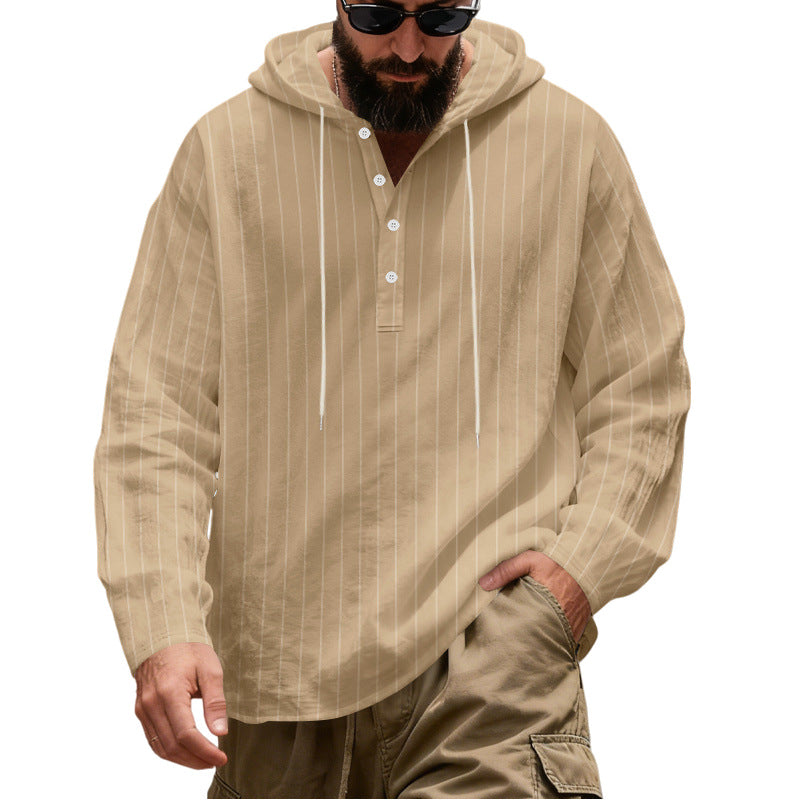 Men's Casual Hoodie Henley Shirt with Fine Pinstripes and Button Placket Chichicherry