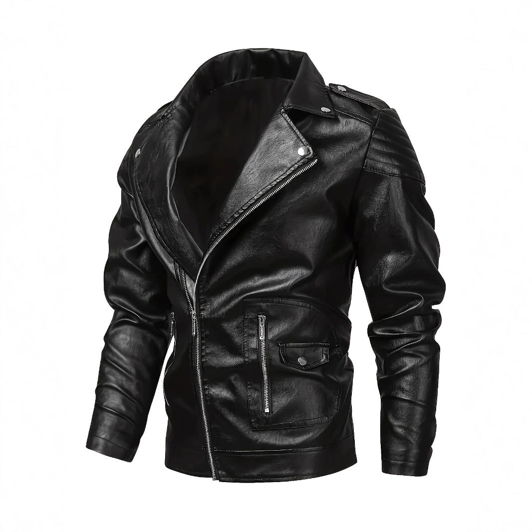Men's biker jacket made of faux leather with asymmetrical zipper and padded shoulder inserts Chichicherry