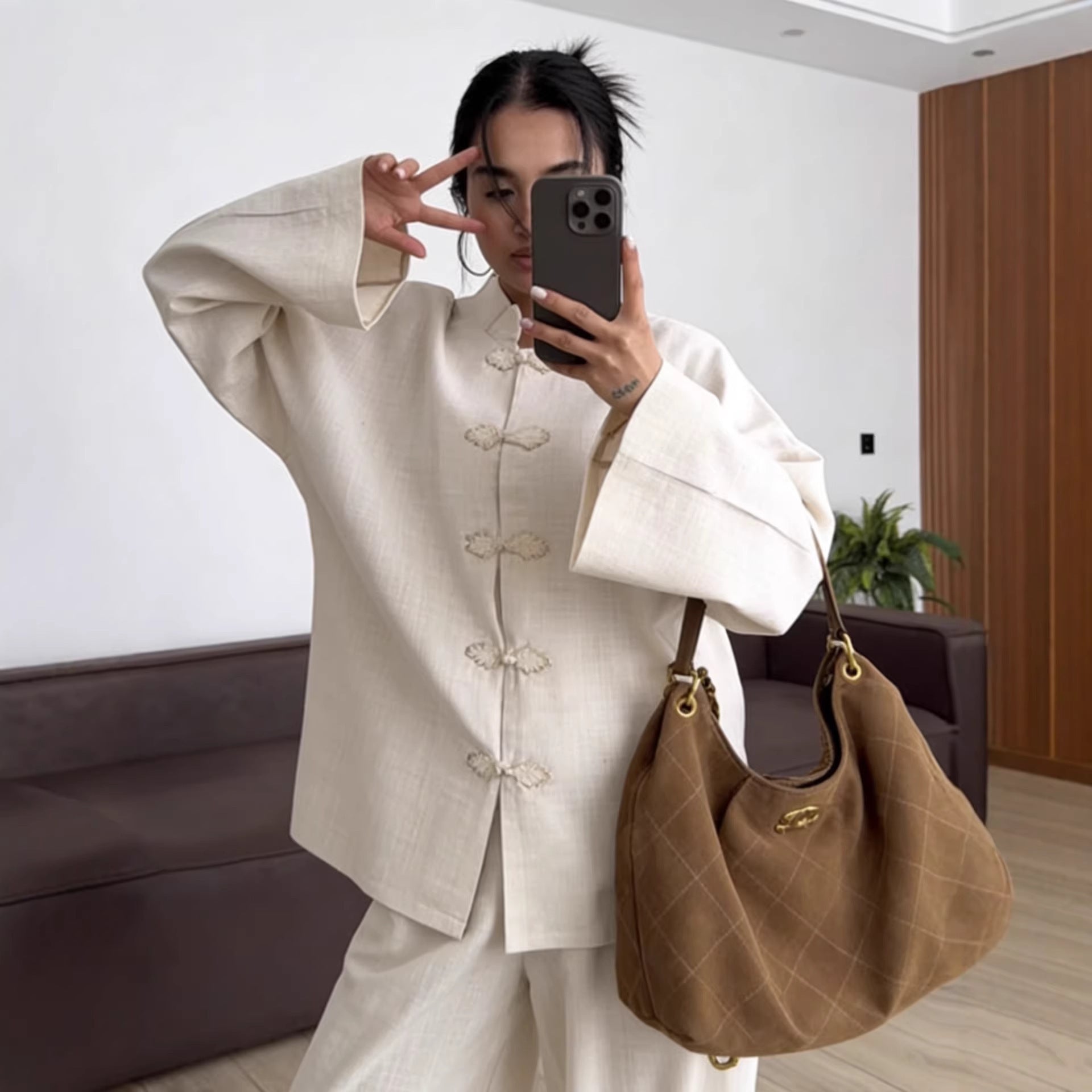 Women's Oversized Mandarin Jacket with Knot Closures and Wide Sleeves Chichicherry