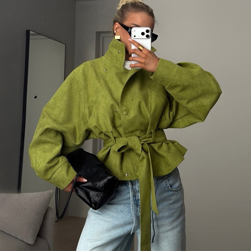 Ladies Tailored Short Jacket in Blouson Style with Tie Belt and Stand-Up Collar Chichicherry