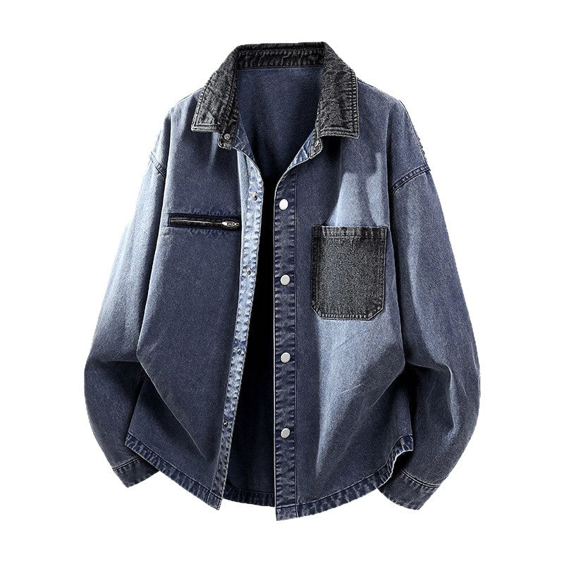 Men's Oversize Denim Shirt Jacket with Contrast Pocket and Snap Button Placket Chichicherry
