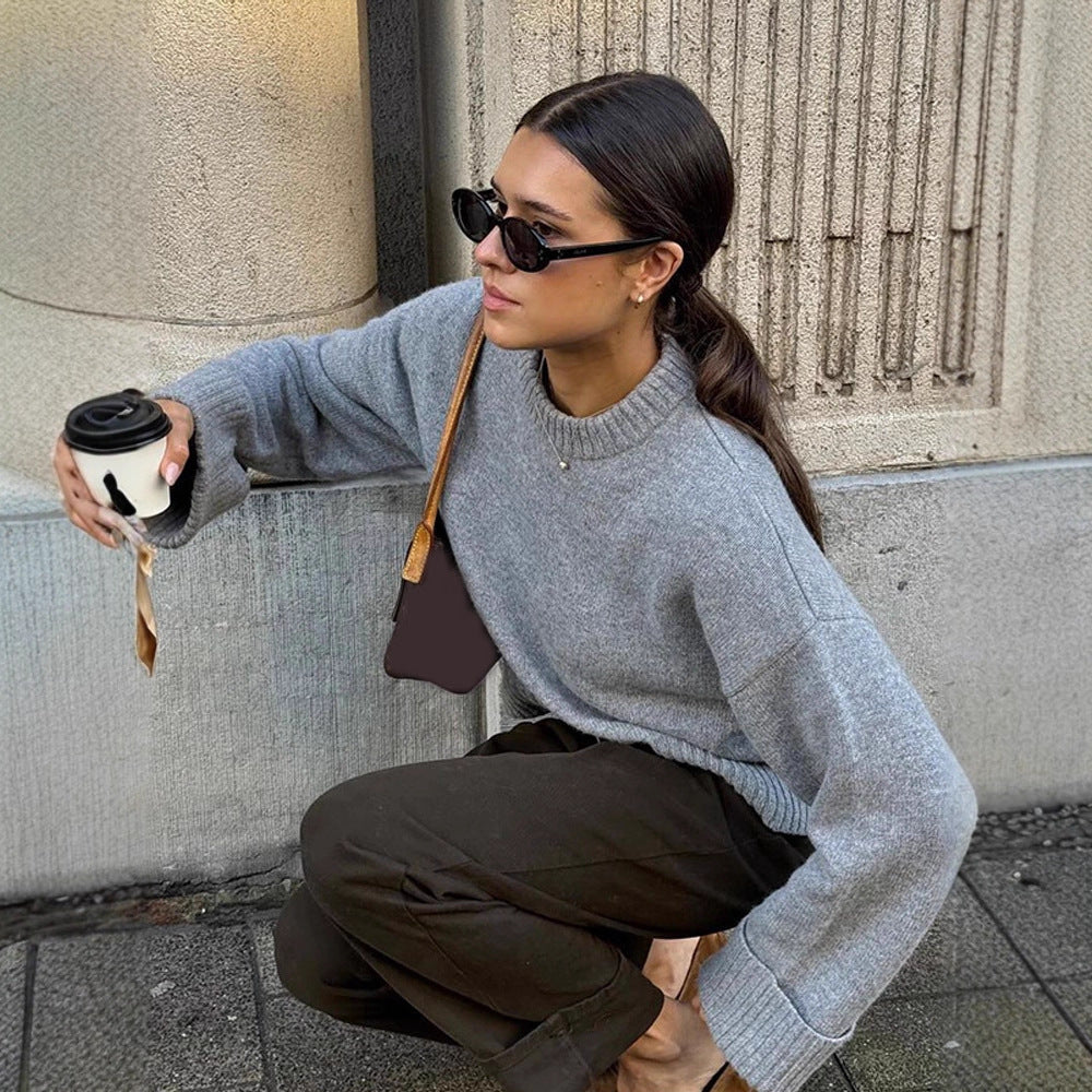 Women Soft Oversized Knitted Sweater with Round Neck, Extended Cuffs, and Ribbed Hem Chichicherry