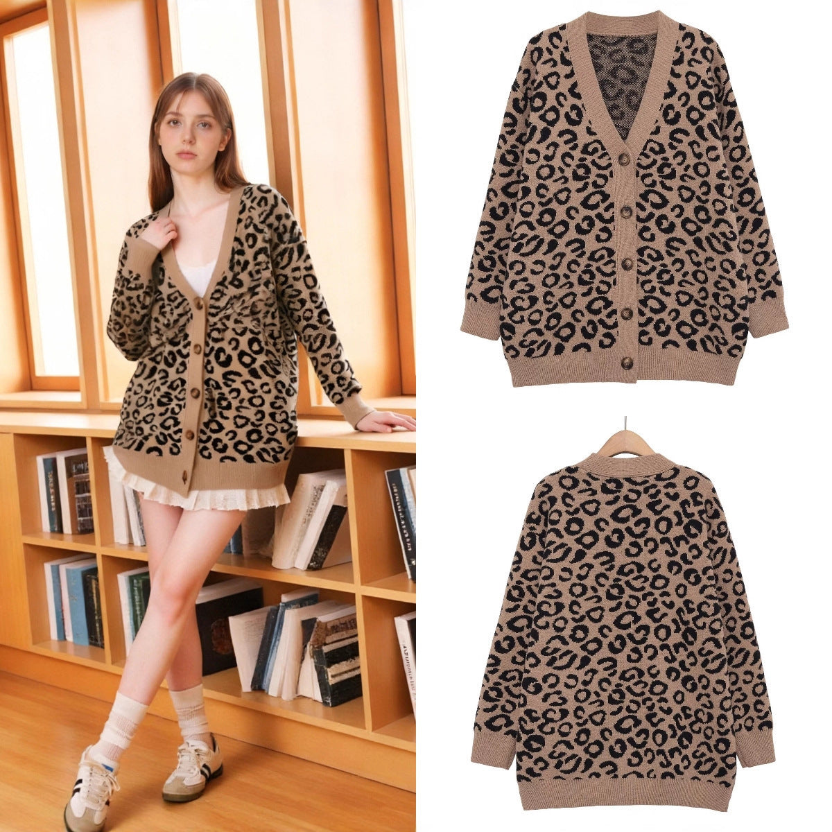 Women's Oversized Knit Cardigan with Leopard Print, V-Neck and Button Placket Chichicherry