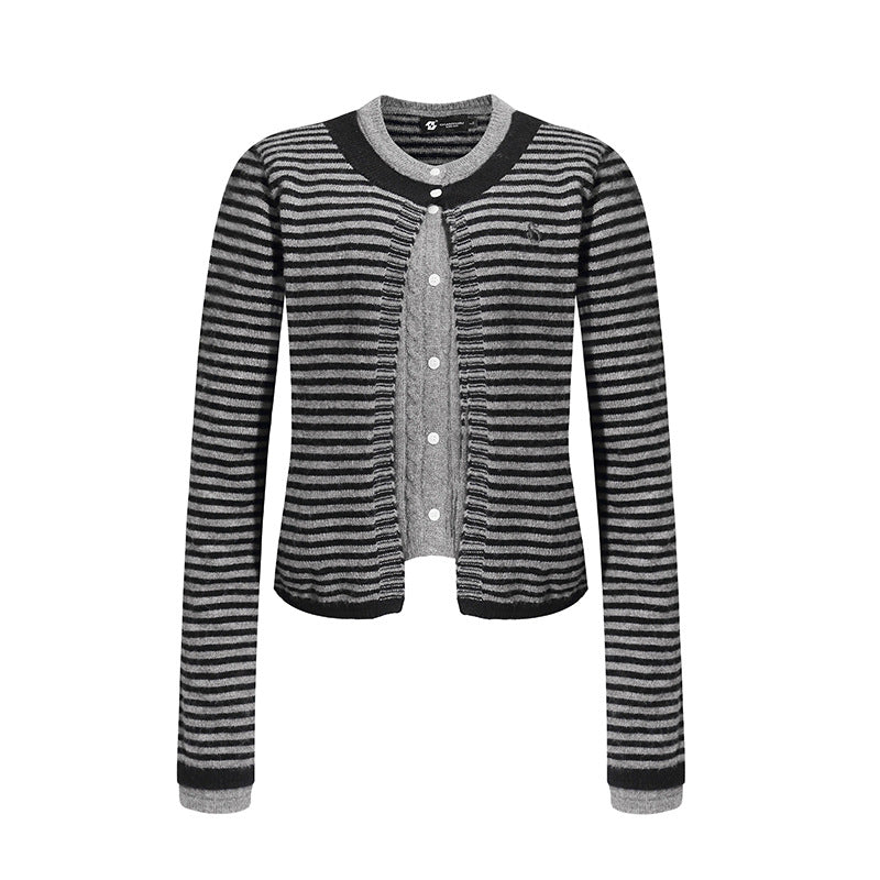 Women's Short Layered Cardigan with Round Neck and Fine Stripes Chichicherry