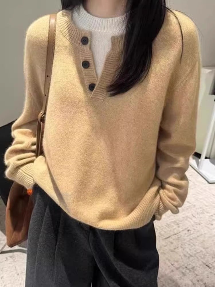 Women's Oversize Henley Pullover made of fluffy Mohair look with button placket Chichicherry