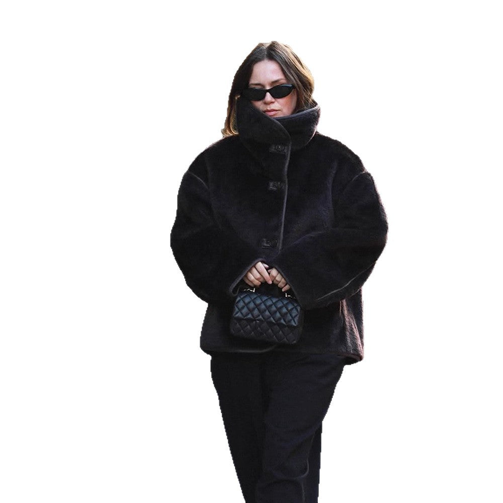 Women's Boxy Faux Fur Jacket with Voluminous Shawl Collar and Boxy Silhouette Chichicherry