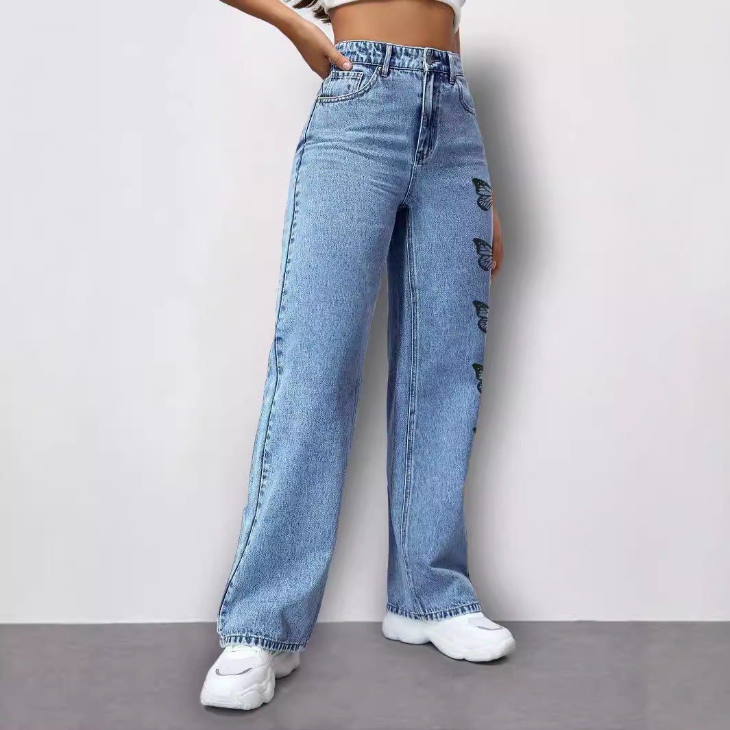 Ladies High-Waist Loose-Fit Denim Pants with Side Butterfly Print Chichicherry