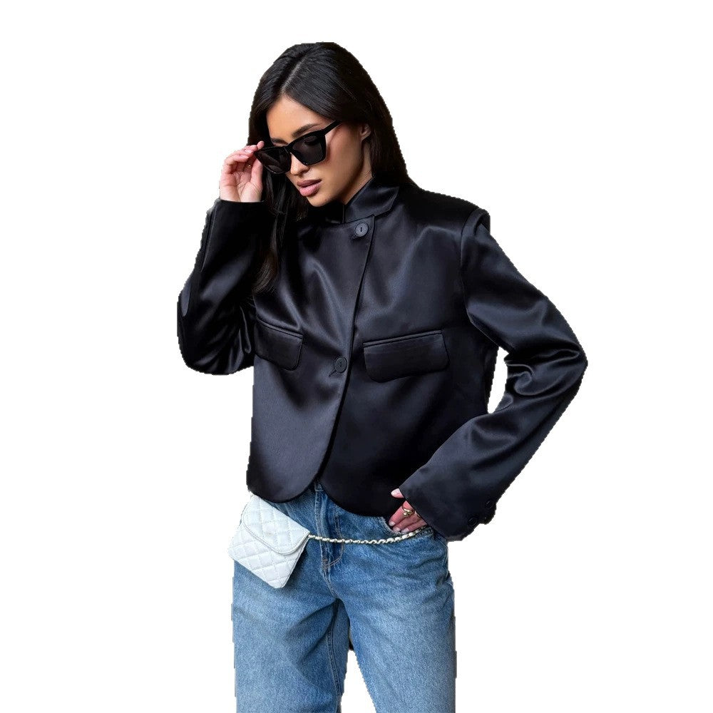 Ladies Satin Cropped Blazer with Mandarin Collar, Flap Pockets and Curved Hem Chichicherry