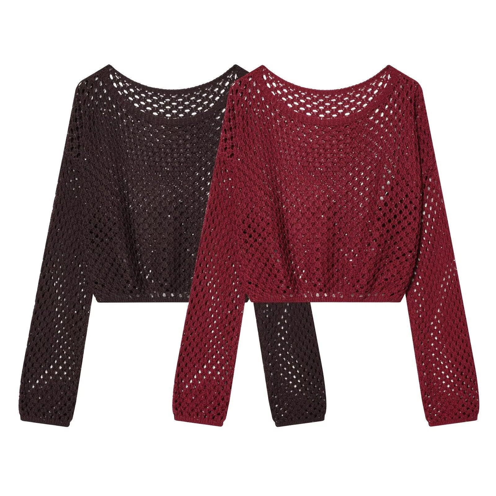 Women's Crocheted Open Knit Cropped Sweater with Balloon Sleeves Chichicherry