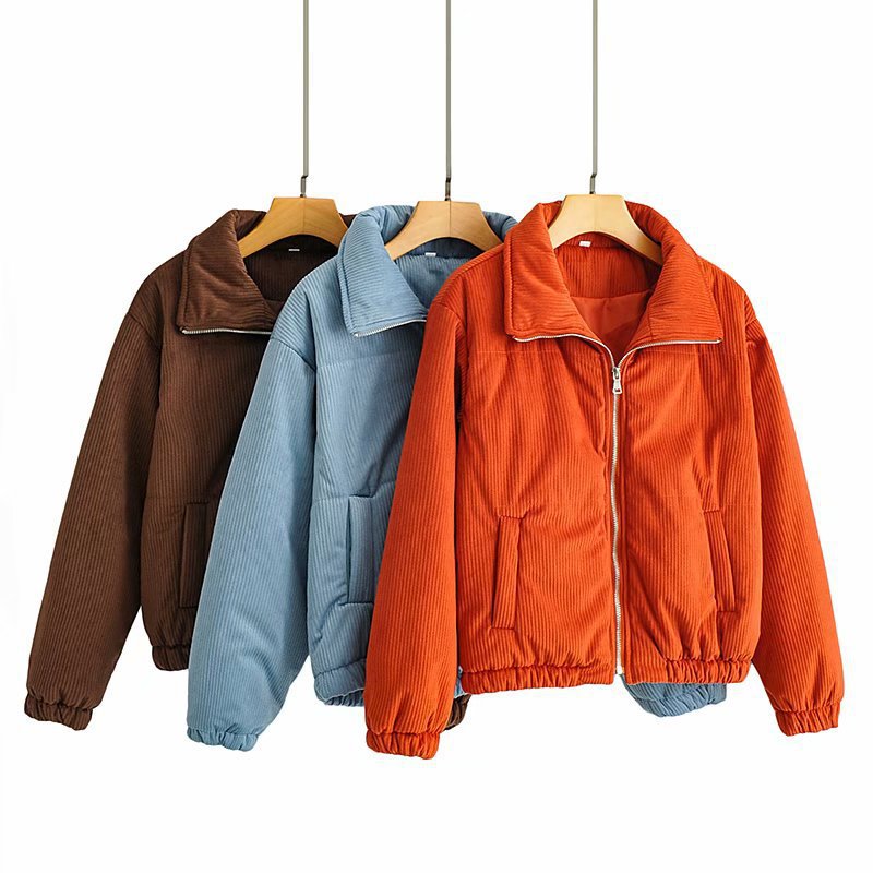 Women's Padded Cord Quilted Jacket with Stand-Up Collar and Elastic Hem Chichicherry