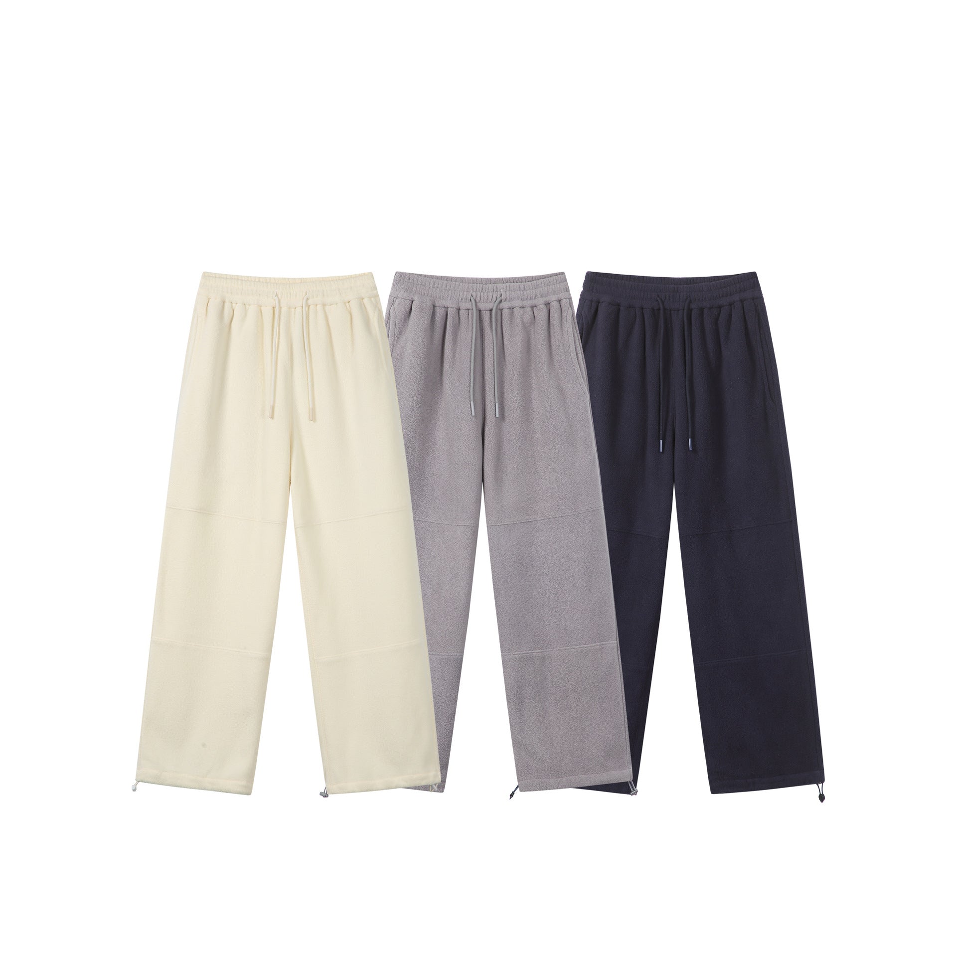Women's wide fleece jogging pants with drawstring waistband, side pockets, and adjustable hem.