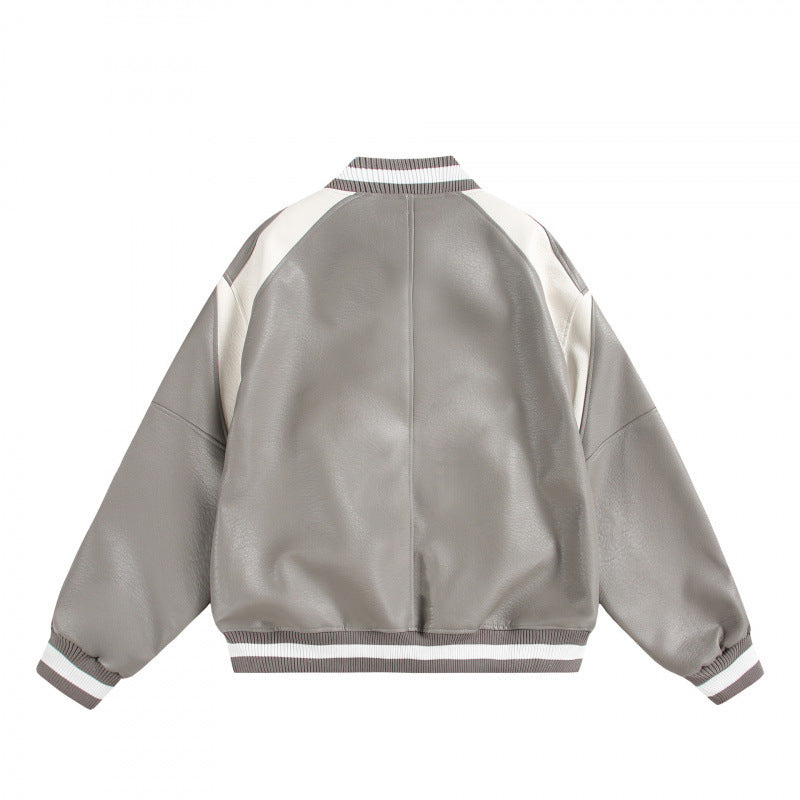 Unisex Boxy Oversized Faux Leather Bomber Jacket with Contrast Panels and Ribbed Cuffs Chichicherry