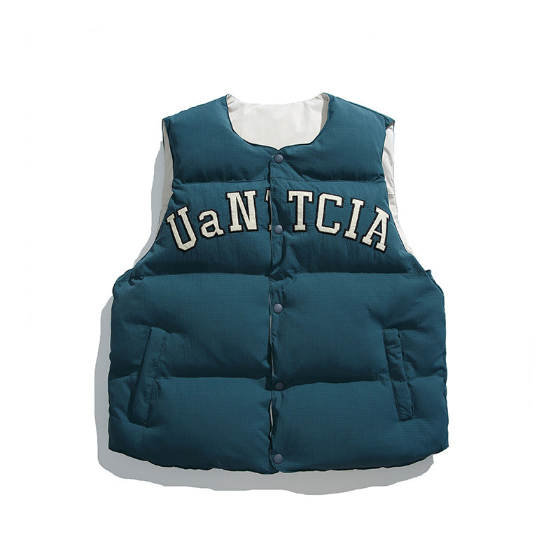 Unisex Padded Quilted Vest in Boxy Cut with Snap Button Closure and College Logo Print Chichicherry