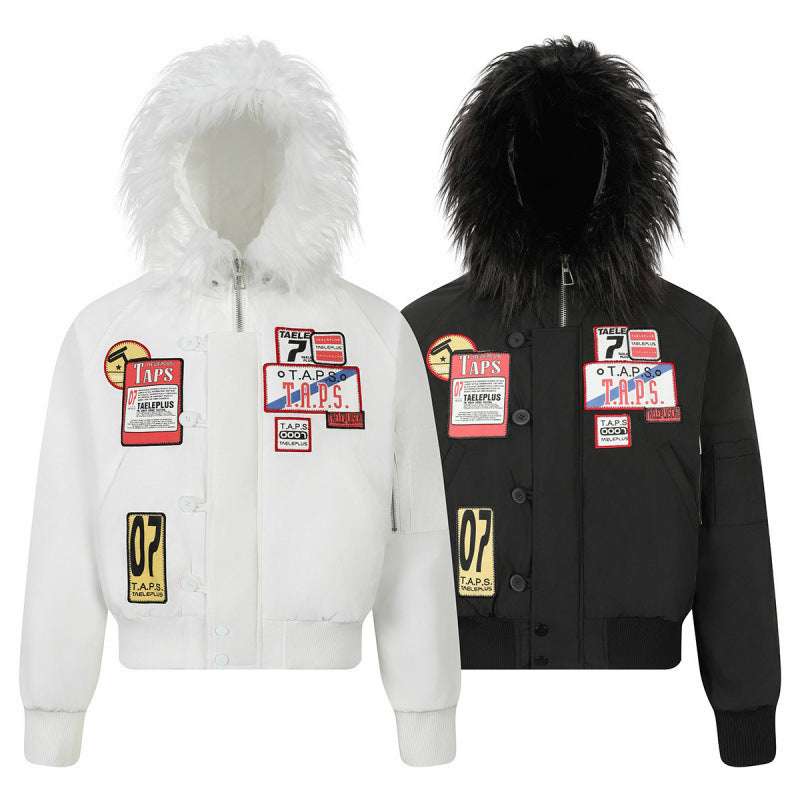 Women short-cut padded bomber jacket with faux fur hood and applied label patches Chichicherry
