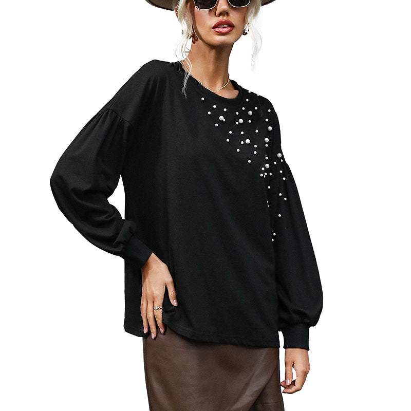 Ladies Pearl-embellished Fine-knit Sweater with Balloon Sleeves and Ribbed Cuffs Chichicherry