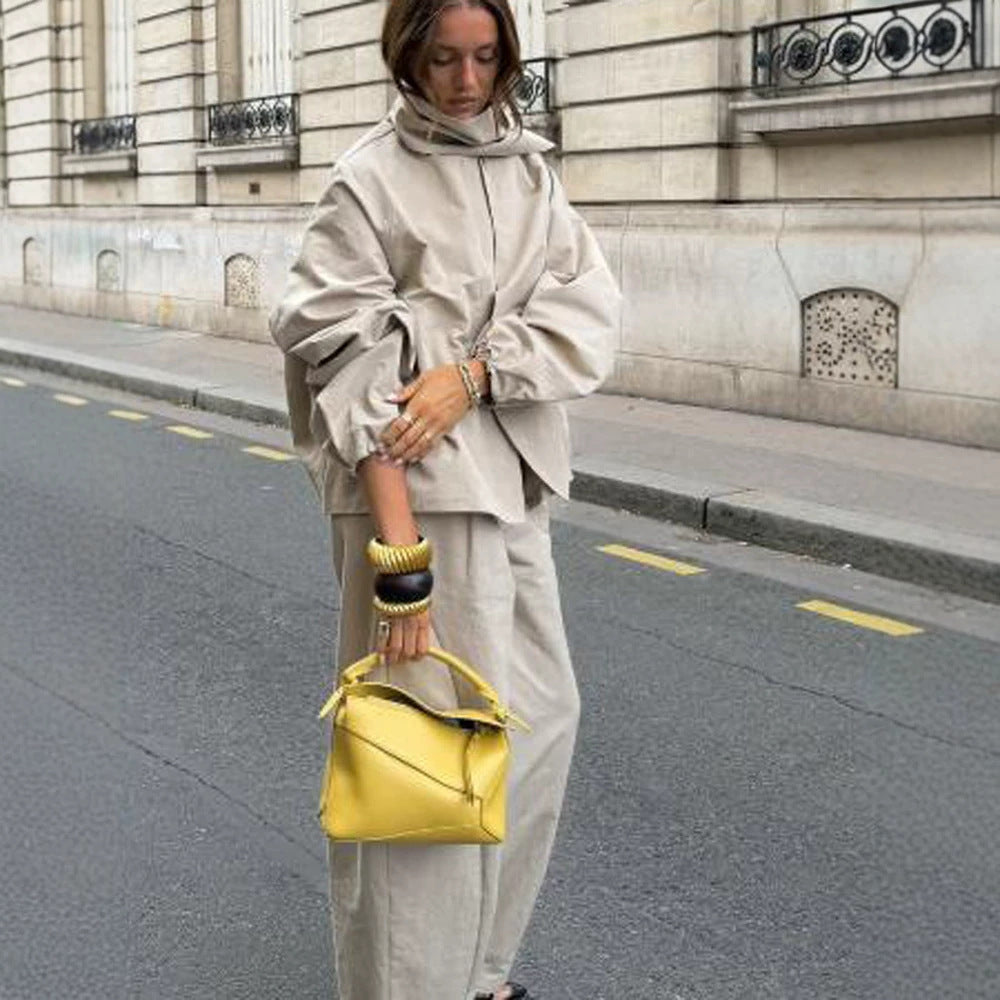 Women's Two-Piece Oversized Pant Suit Set with Asymmetrical Stand Collar Chichicherry