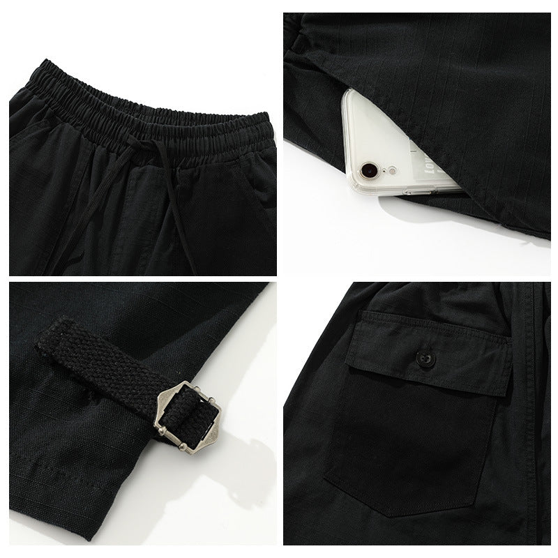 Men's wide cropped cargo pants with elastic drawstring waistband, patch pockets and adjustable ankle straps Chichicherry
