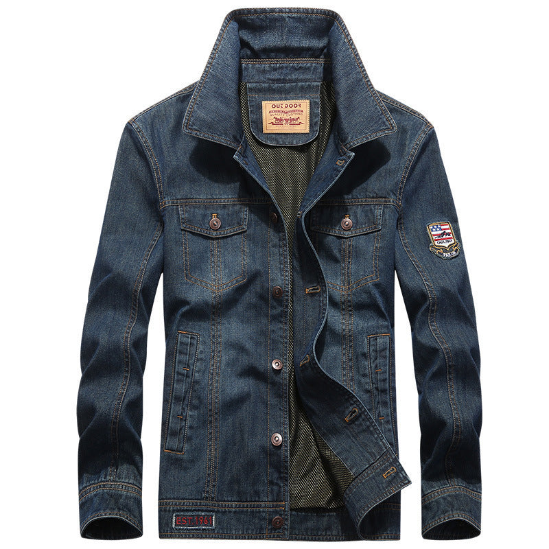 Men's lightweight denim jacket in worker blouson style with breathable mesh lining and sleeve patch Chichicherry