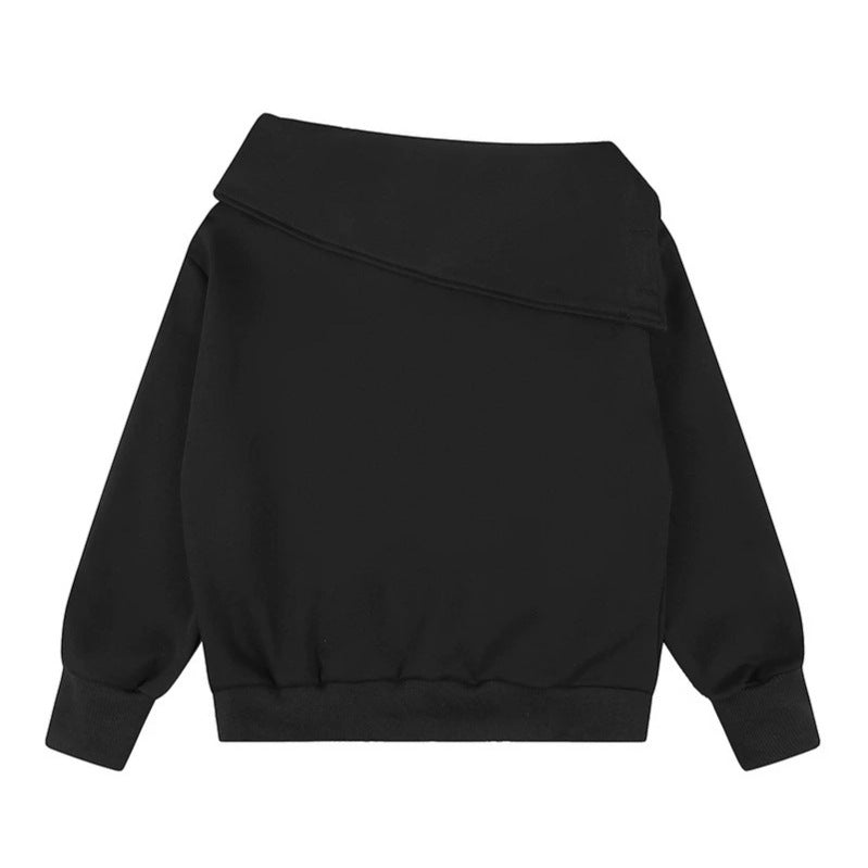 Women Asymmetric Sweatshirt with Wide Collar, Decorative Button Placket and Bead Application Chichicherry