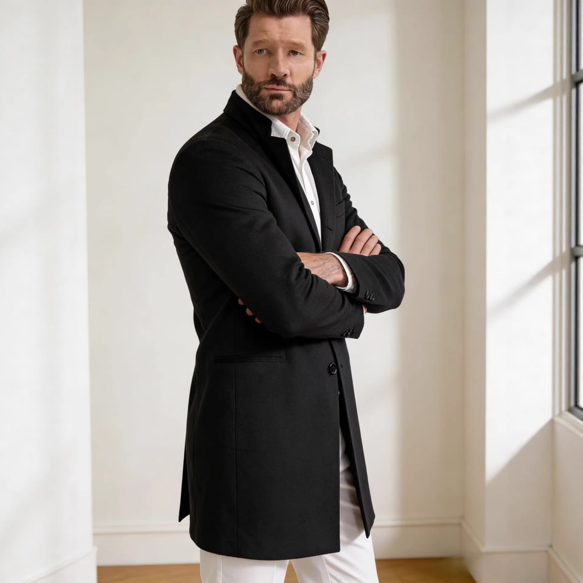 Men's Long Unstructured Linen Blazer with Single Button Closure and Patch Pockets Chichicherry