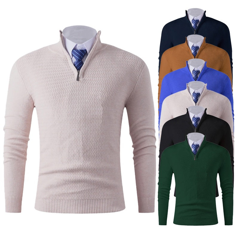 Men's Slim-Fit Fine Knit Sweater with Half Zip and Structured Wave Look Chichicherry