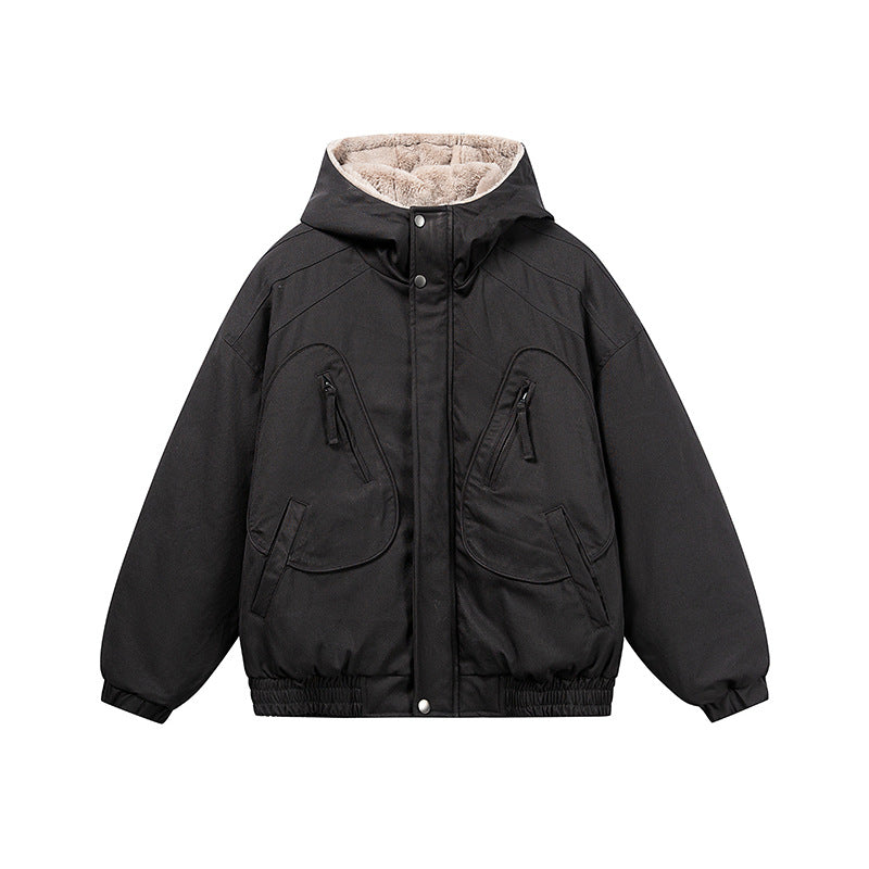 Unisex Short Cut Insulated Jacket in Boxy Cut with Teddy Inner Lining and Diagonally Inserted Zipper Pockets Chichicherry