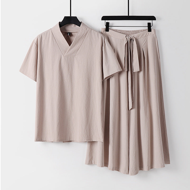 Women's Lightweight Loungewear Set with V-Neck Shirt and Flowing Midi Skirt with Drawstring Chichicherry
