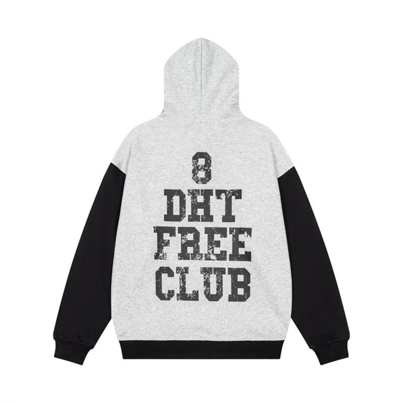 Women's College Style Hoodie Sweatshirt with Contrast Sleeves, Kangaroo Pocket and Vintage Print Chichicherry