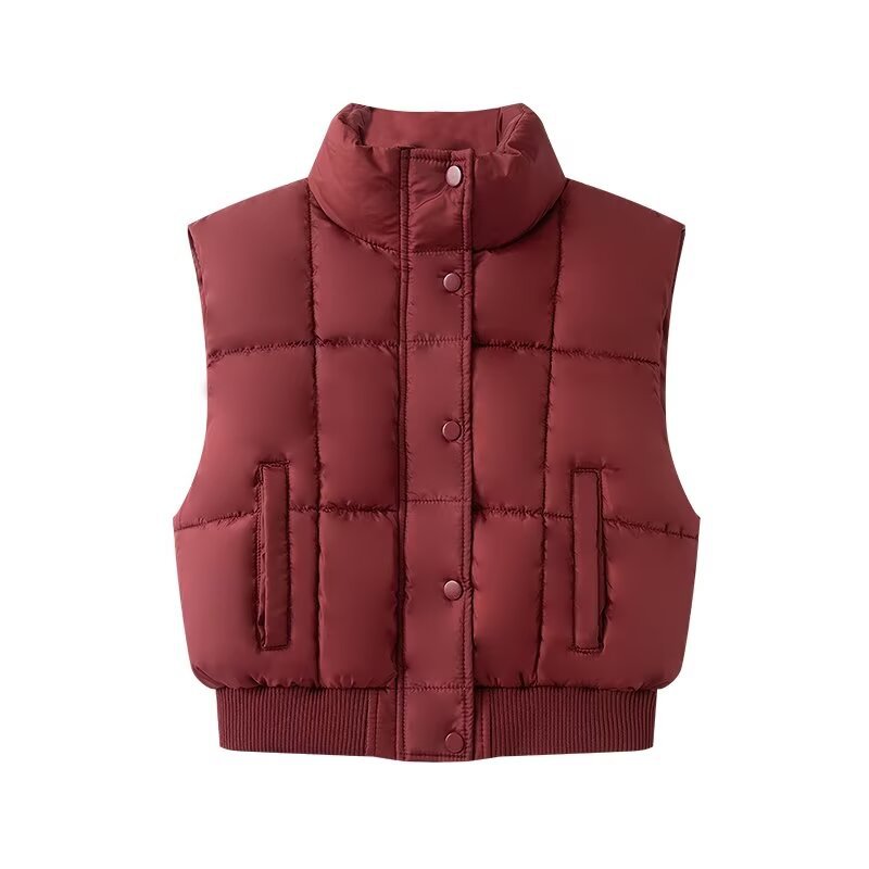 Women Quilted Cropped Puffer Vest with Stand Collar and Ribbed Hem Chichicherry